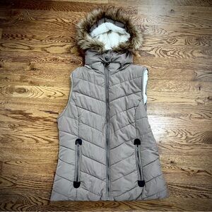 GREEN TEA Womens Zip Puffer Vest Faux Fur Lined Removable Hood Tan Size Small